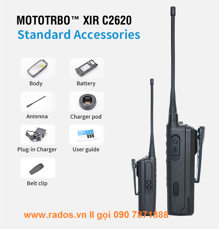 Cấu hình máy bộ đàm kỹ thuật số XiR C2620 gồm Thân máy, pin, bộ sạc